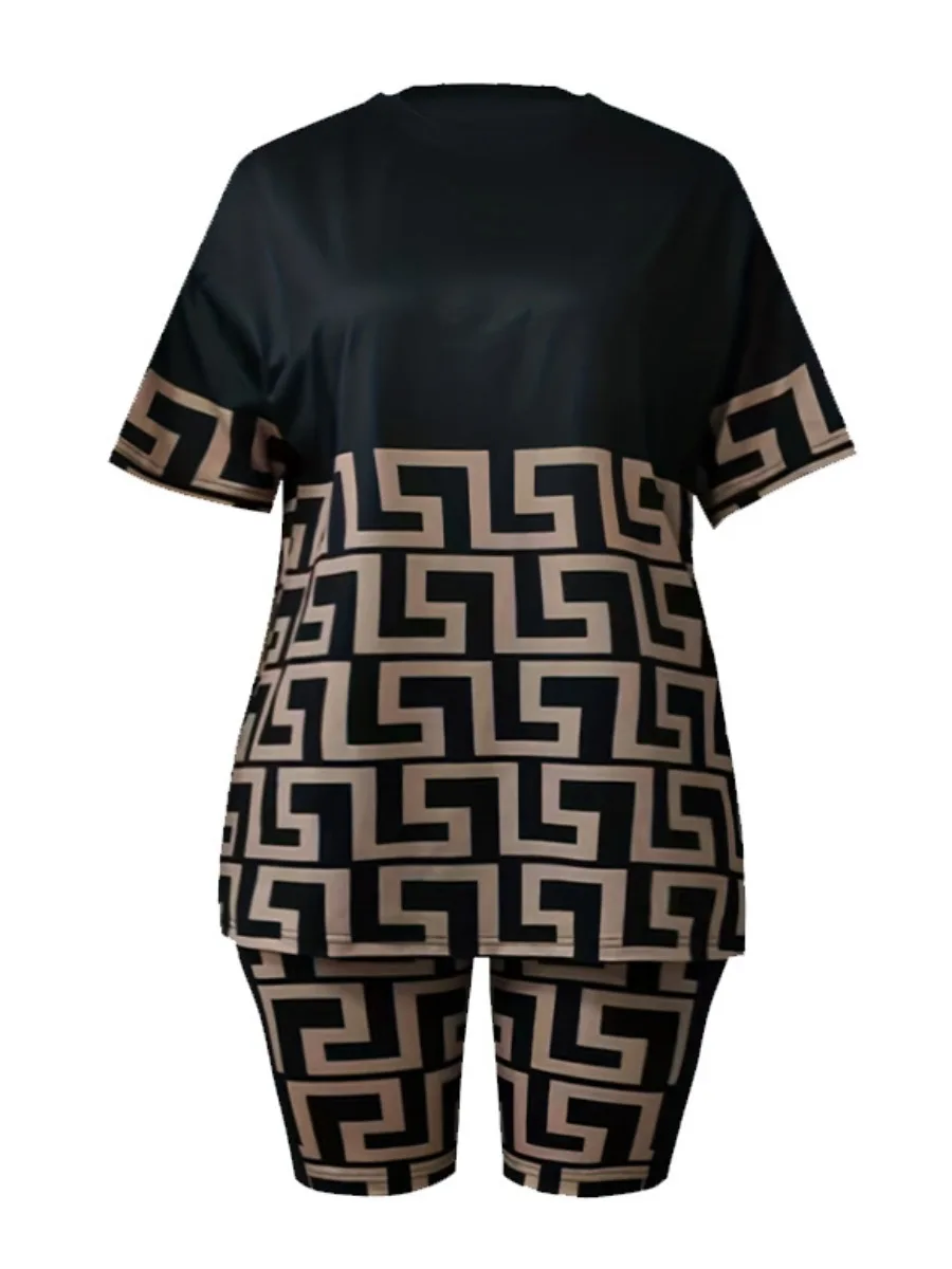 LW Plus Size shorts sets Geometric Print Regular Fit Shorts Set casual women's tracksuit matching suit short sleeve Top + shorts