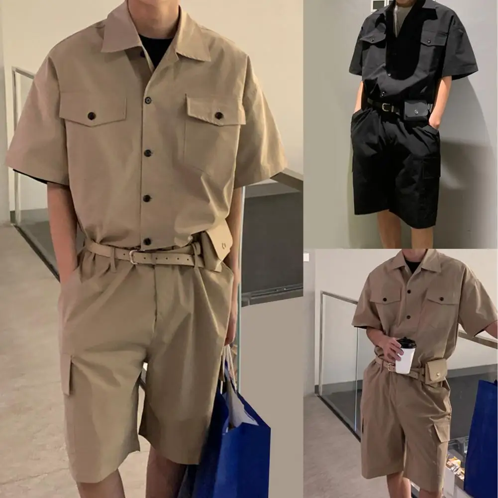 Male Fashion Leather Belt Bag Cargo Overalls Streetwear Jumpsuits For Men Women