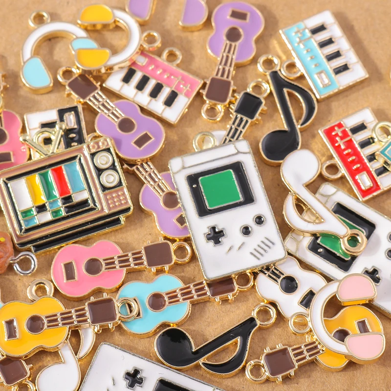 10 Stück gemischte niedliche Emaille-Gitarren-Musik-Anhänger für Schmuckherstellung, DIY-Ohrringe, Anhänger, Halsketten, handgefertigte Armbänder, Bastelgeschenke