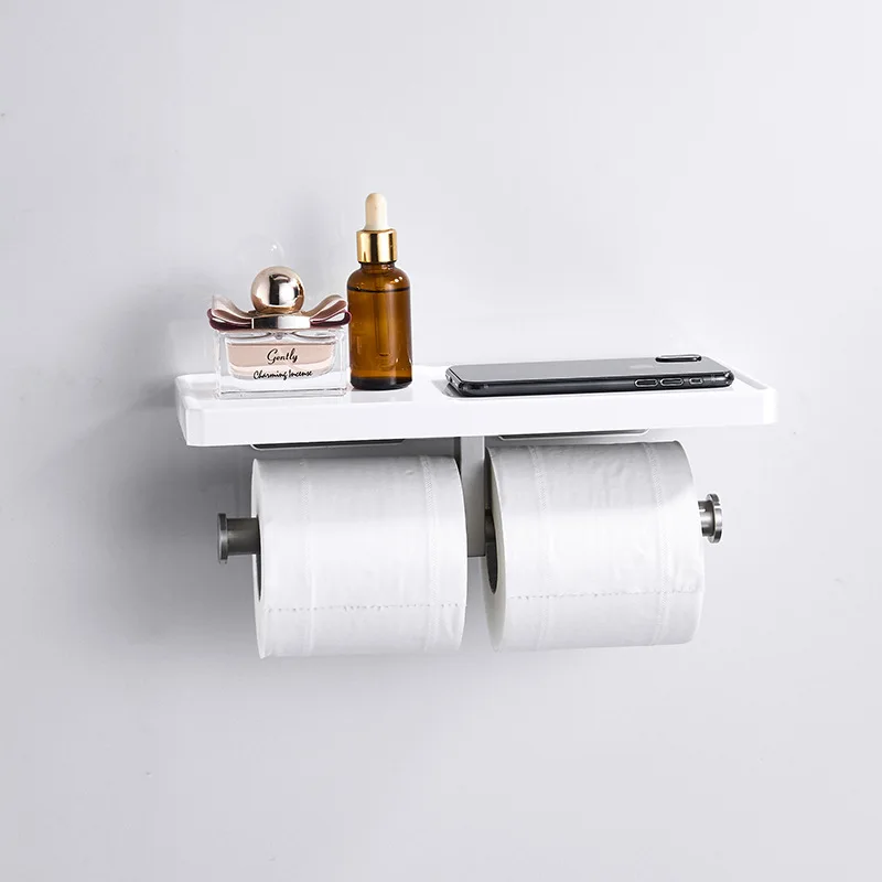 

Bathroom White And Brushed Nickel Paper Holder Wall Mounted Stainless steel Phone Rack Toilet Tissue Shelf Bathroom Accessories