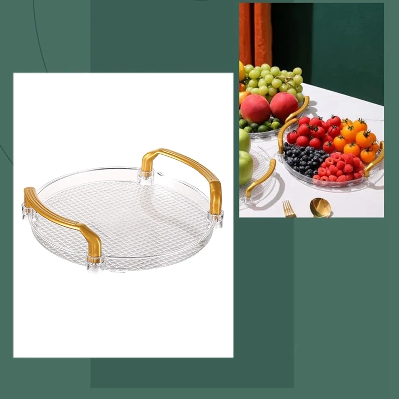 Acrylic Clear Round Serving Tray Bathroom Vanity Tray Decorative Tray With Golden Handle For Coffee Table Office 3