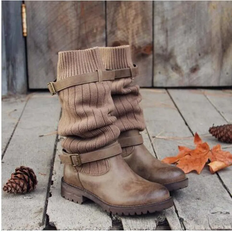 Mid-Calf Women Boot Low Heel High Boots Shoes Woman winter Vintage Shoes Femme Zapatos Mujer Sapato Platform Boots Botas Mujer
