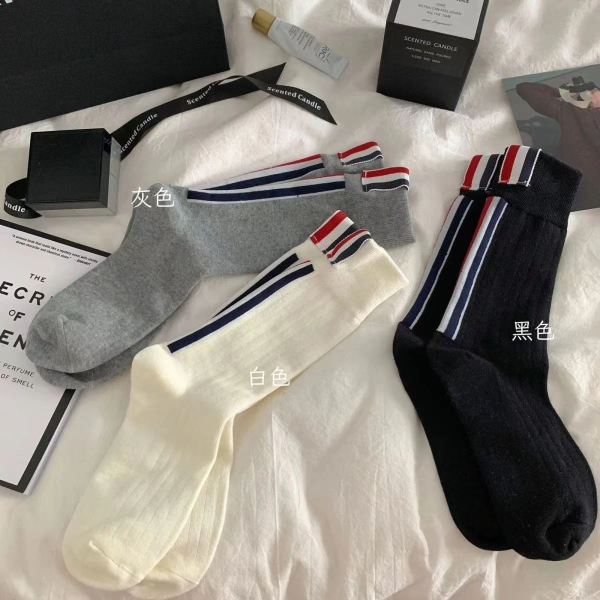 

Korean Style Cotton Socks TB Spring and Autumn Cloth Label Medium Barrel Striped Socks Colored Stacked Socks Tide