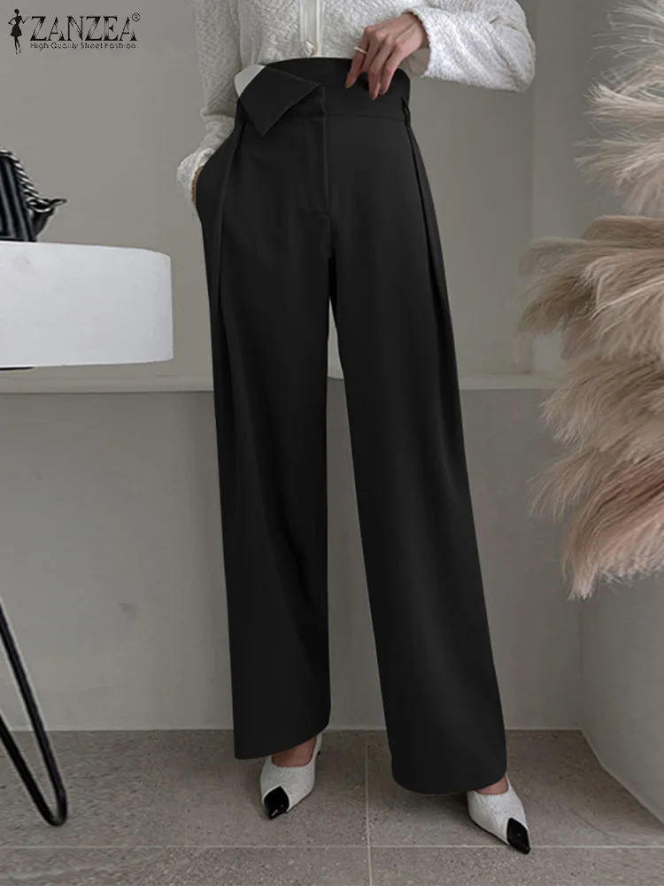 

ZANZEA Elegant Long Trousers Women Wide Leg Pants Casual Loose High Waist Asymmetrical Waist Pockets Pants Korean Fashion Bottom