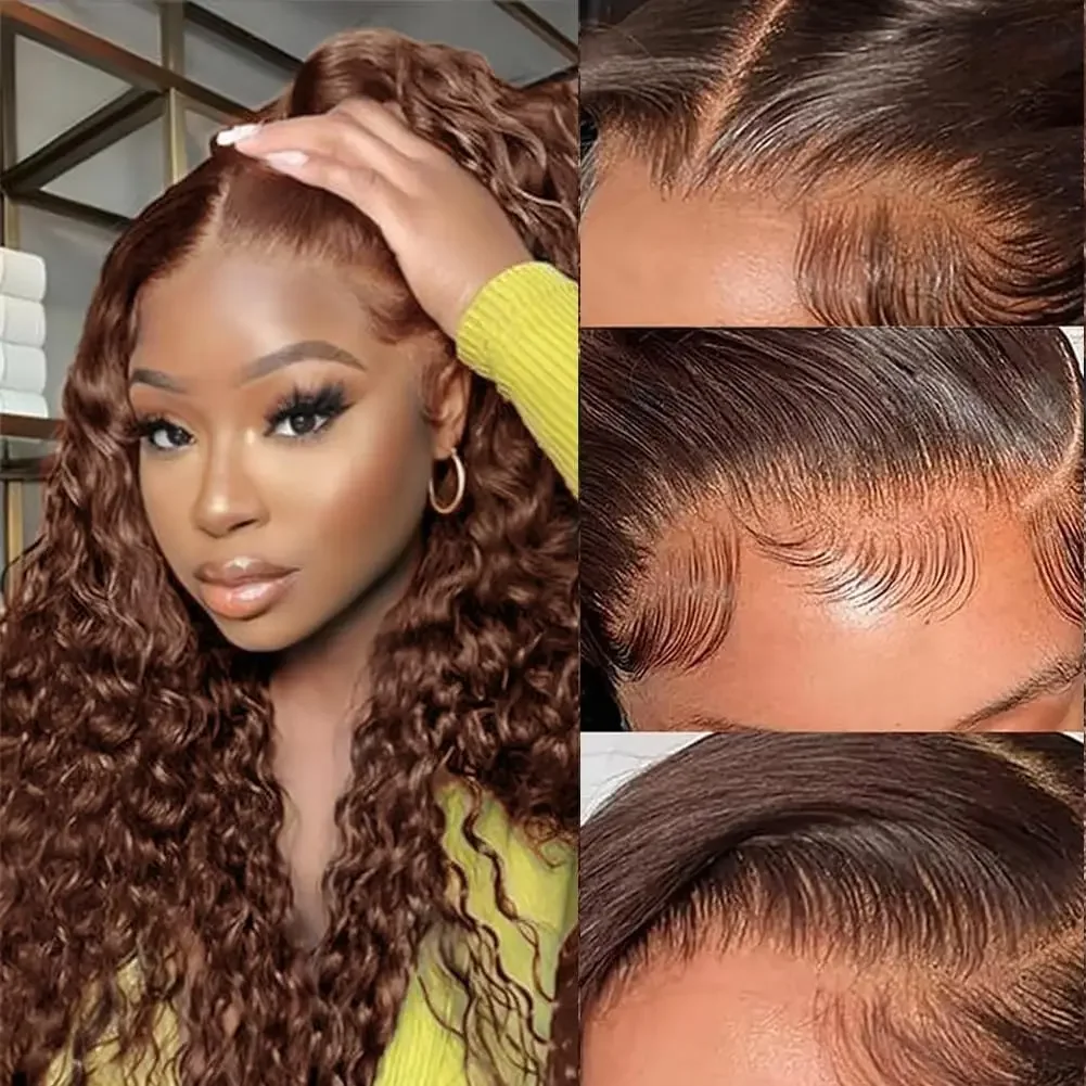 Brown Lace Front Wig Water Wave 100% Human Hair Wig For Women Curly Pre-plucked Transparent Lace Closure BOBBI human hair wig,lace front wigs