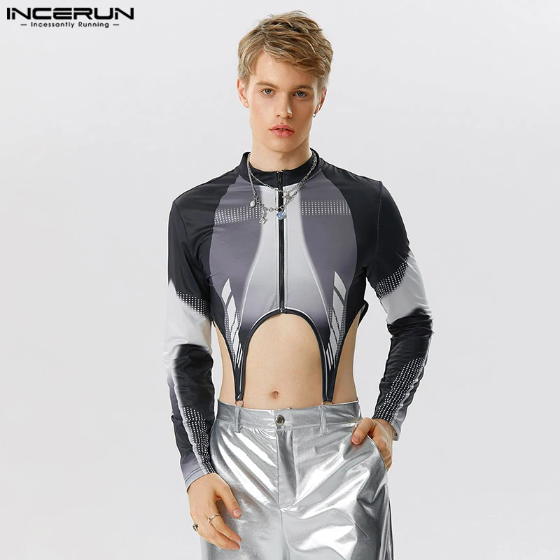 

INCERUN 2023 Sexy Homewear Men Jumpsuits Locomotive Wind Hollowed Tight Bodysuits Casual Male Cropped Long Sleeved Rompers S-5XL