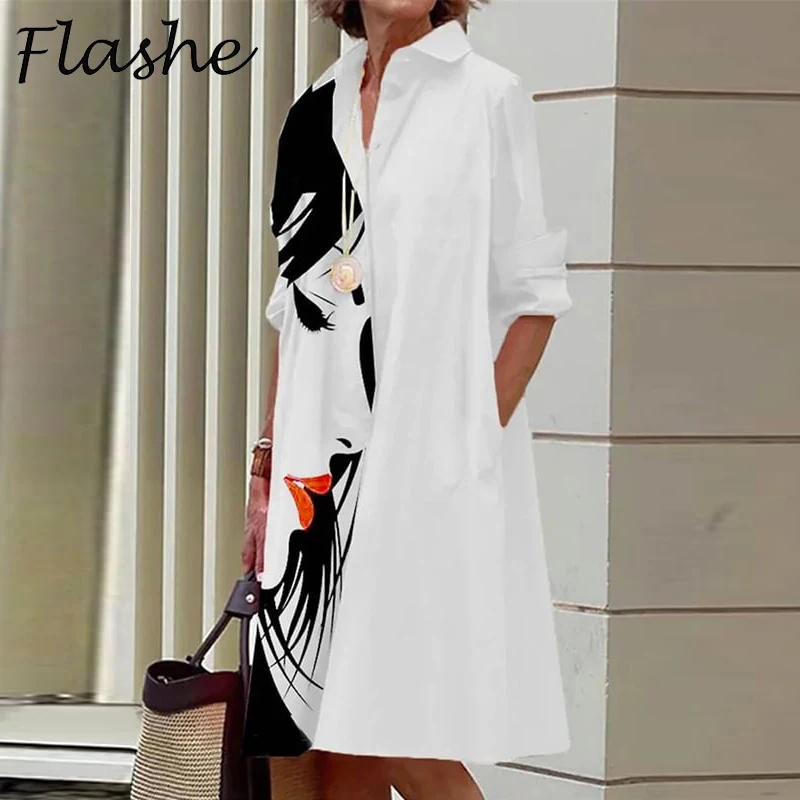 

Autumn Fashion Shirt Dress Women Abstract Print Long Sleeve Midi Dresses For Women Elgant Party Dress