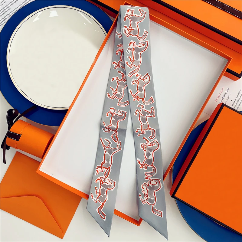 2025, Marke Design Pferd Muster Frauen Schal Luxus Seide Schal Mode Haar Stirnband Foulard Dünne Tasche Schals Halstuch – Detail 11