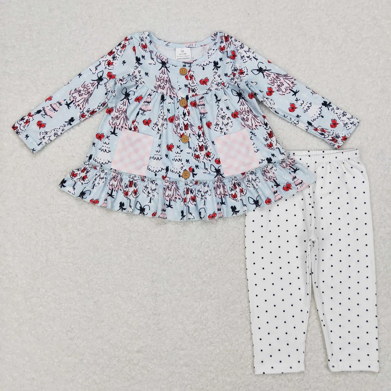 All'Ingrosso Toddler Kids Christmas Trees Set Maniche Lunghe Pocket Tunica Bambini Outfit Neonata Polka Dots Leggings Pantaloni Vestiti