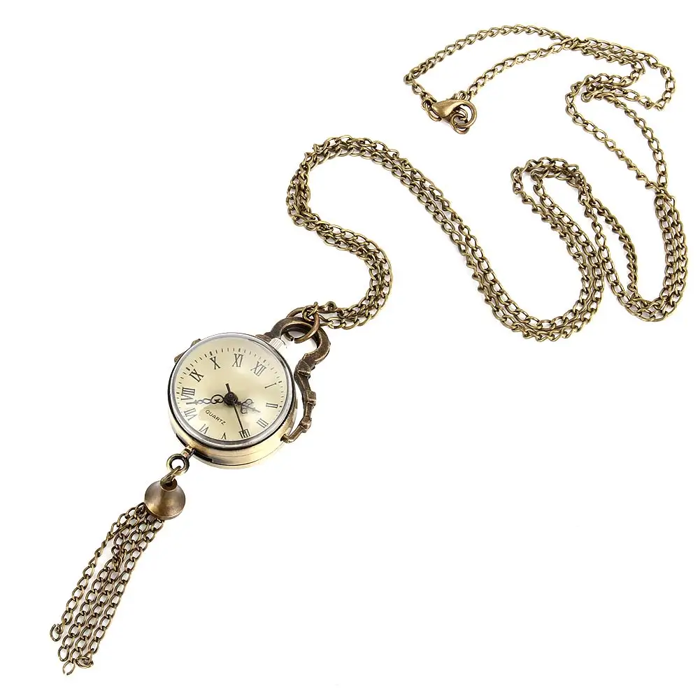 Retro Round Ball Quartz Fob Pocket Watch Tassel Sweater Necklace Chain Jewelry Gifts LL@17