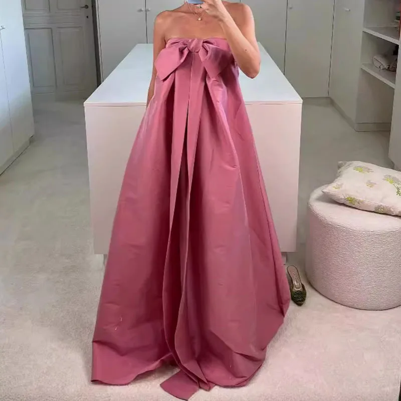 

Elegant Bow Lace-up Big Swing Party Dress 2024 Women Sexy Strapless Solid Loose Long Dress Summer Fashion Pleated Evening Dress