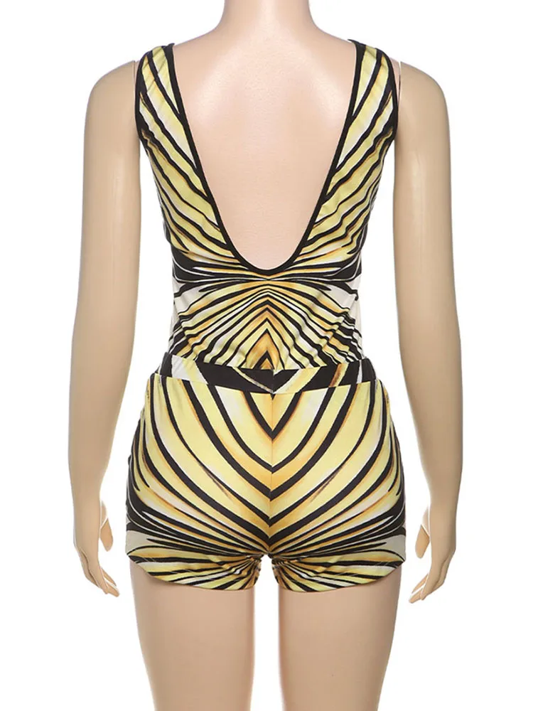 Nibber Casual Stripe Women 2 Piece Set Sporty Stretch v-Neck Backless Tank Tops+Shorts Matching Streetwear Hipster Sexy Outfits