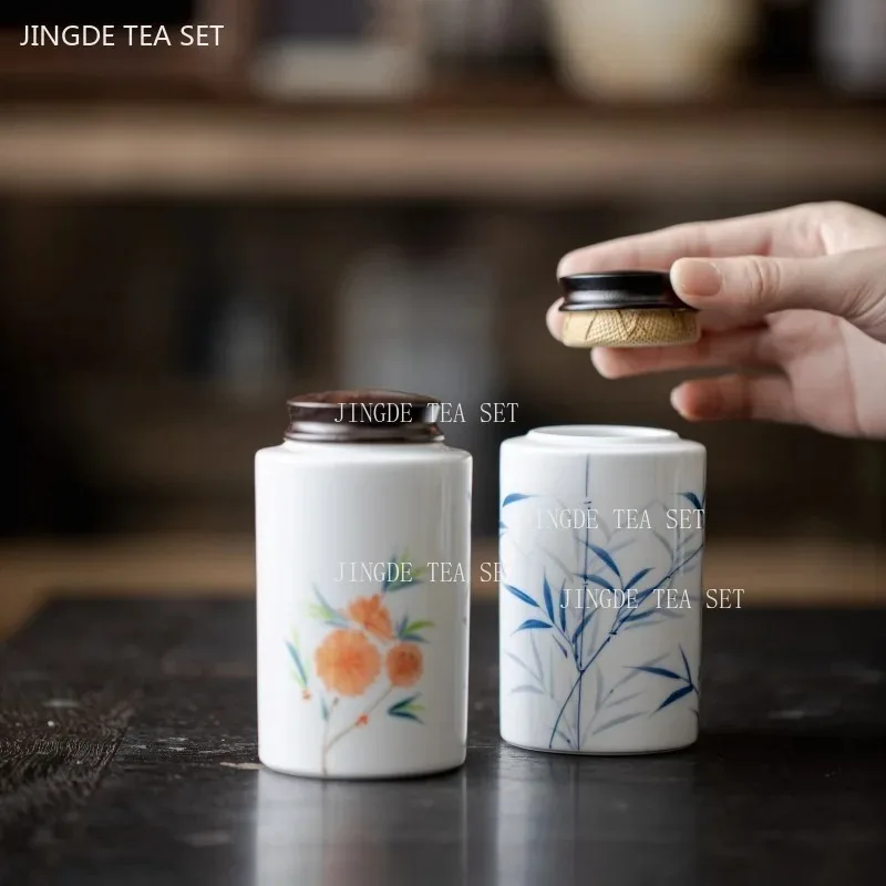 220ml Hand-painted Ceramic Tea Jar Ebony Lid Storage Jar Portable Moisture-proof Coffee Container White Porcelain Tea Sealed Jar