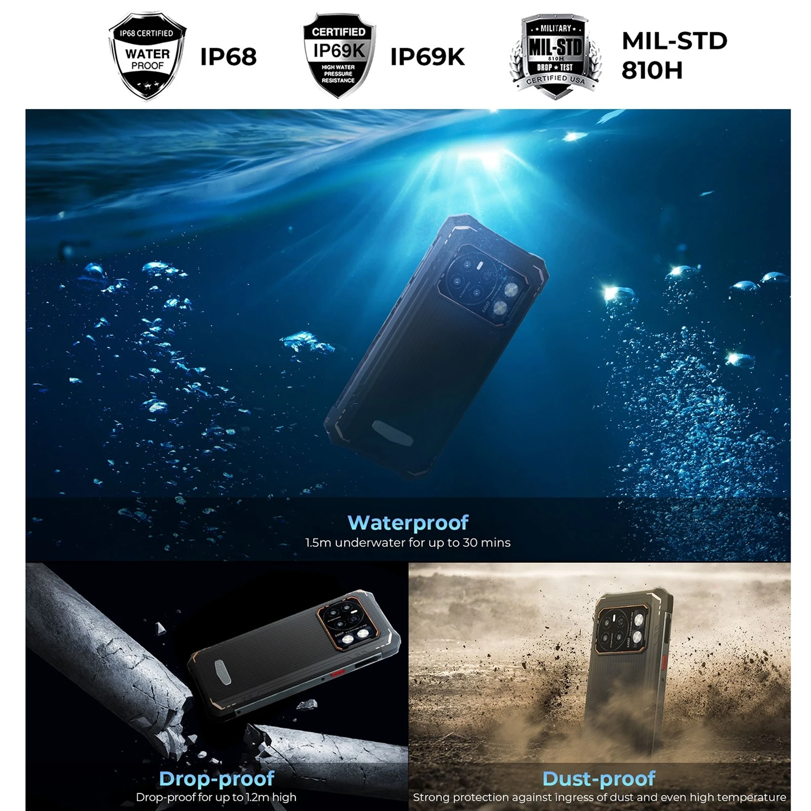 HOTWAV Cyber 13 Pro Android 13 Rugged12GB+256GB IP68/IP69K 6.6'' FHD+ 2K 10800mAh 64MP Camera UNISOC T619 4G NFC Cellphone