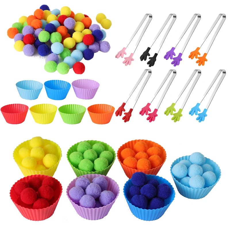 

Counting Plush Pom Pom Balls Rainbow Color Sorting Toys Tweezers Fine Motor Skill Toys Baby Kids Early Montessori Education Toy