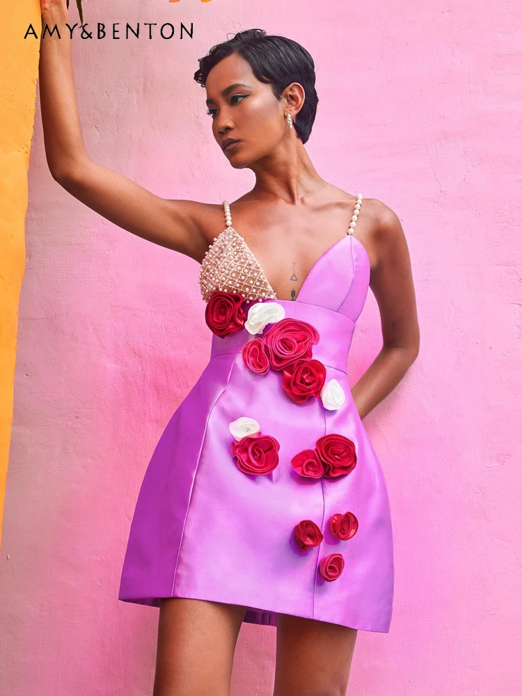 

2024 Spring Summer New Retro High-Grade Pearl Stitching Flower sling Dress for Women Hot Girl Sexy Fashion Elegant Mini Dress