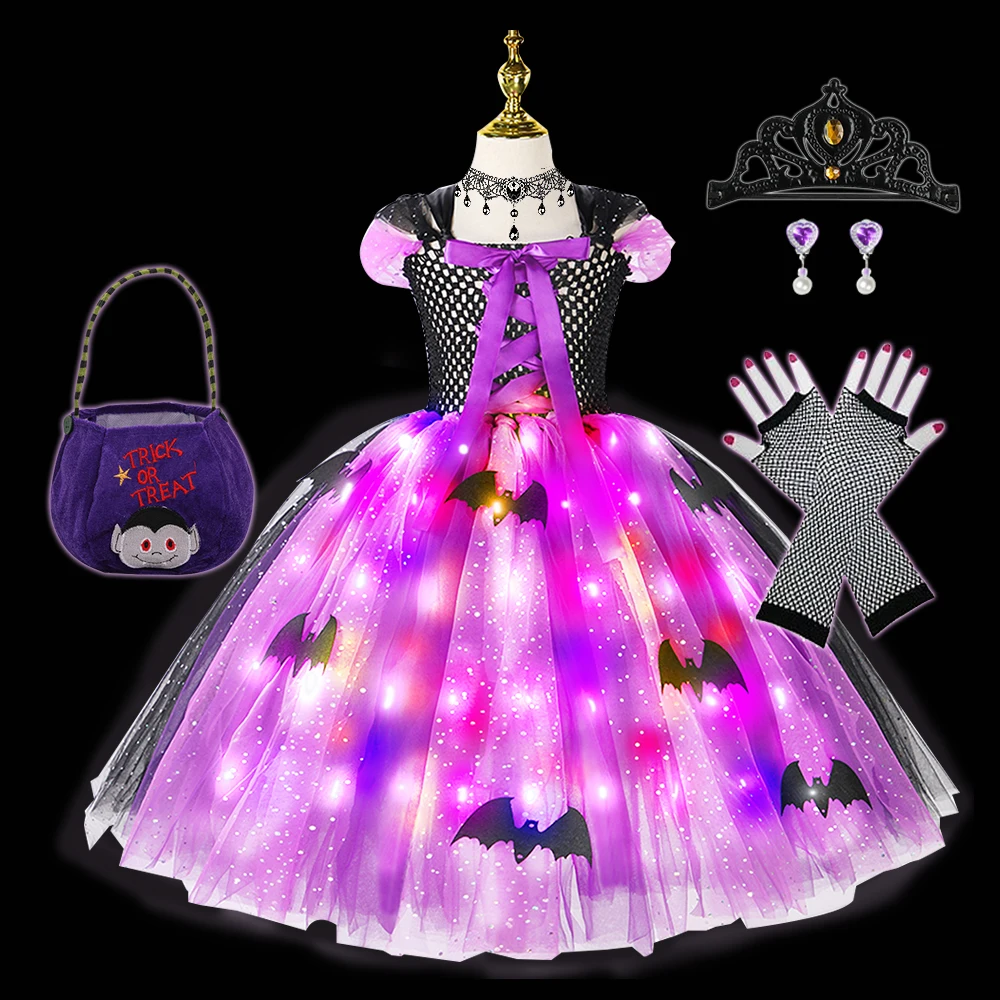 thumbnail image 1 of Disfraz de bruja con luz LED para niñas de Halloween, vestido con tutú de murciélago, disfraz de carnaval, fiesta, vestido de baile hecho a mano para niños pequeños, 1 of 5
