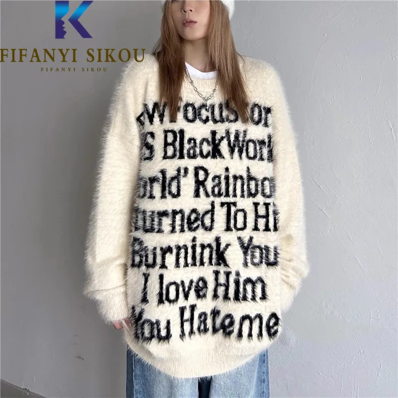 

Autumn Winter Mohair Sweater Women Letter Jacquard Fashion Couples Pullover Loose Knitted Sweaters Female O-Neck Jumpers Tops