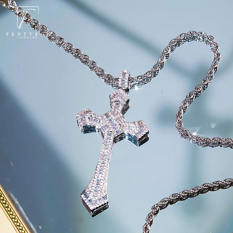 925 Sterling Silver European And American Cross Necklace For Men And Women With Trapezoidal Square Diamonds