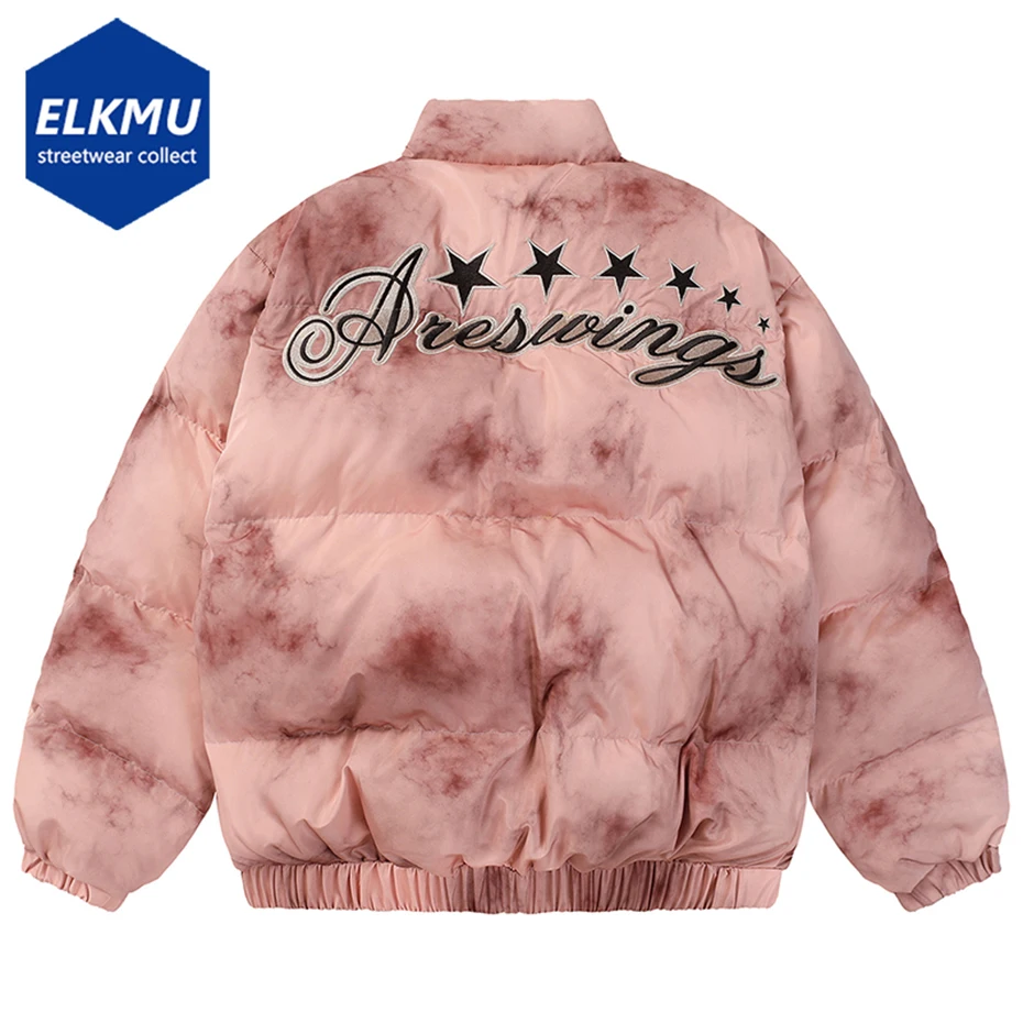 

Streetwear Puffer Jacket Padded Parkas Coats Star Embroidery Tie Dye Jackets Men Winter Thicken Warm Loose Jacket Outwear