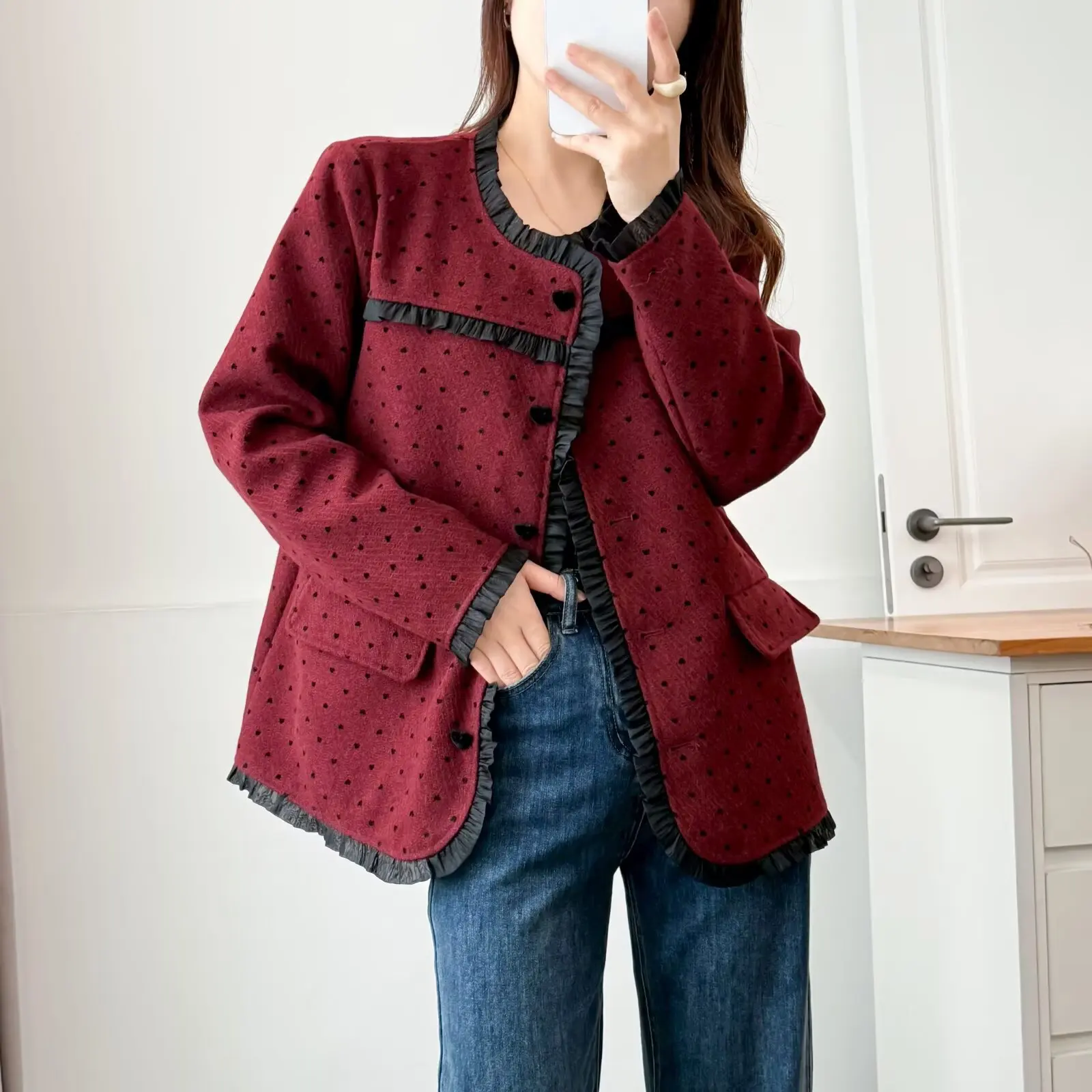 XXXXL Fashion Plus Size Women's Woollen Coat 2025 Autumn New Lace Polka Dot Tweed Jacket 546