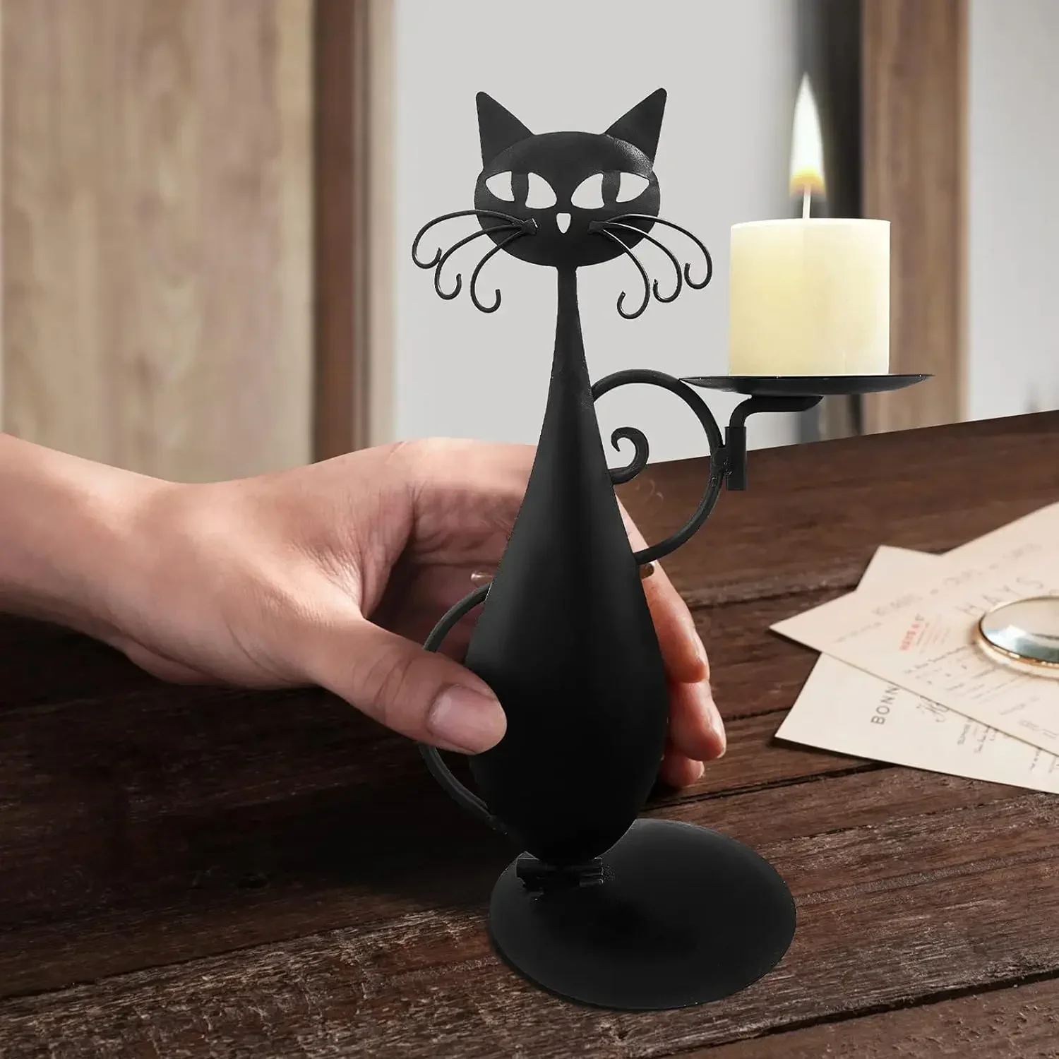 Black Cat Candlestick for Cylindrical/LED Flameless Candle