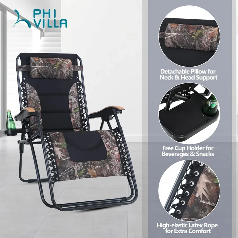 PHI VILLA Oversize Zero Gravity Chair 2, Padded Recliner, Patio Lounge Chair with Free Cup Holder,Support 350 LBS (Camoufla
