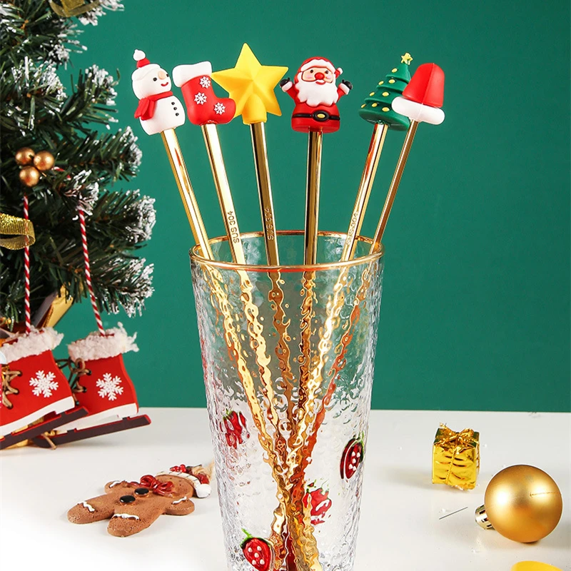 Christmas Series Long Handle Mixing Spoon Stainless Steel Coffee Honey Stirring Spoons Bar Whisky Stir Rod Bartender Accessories