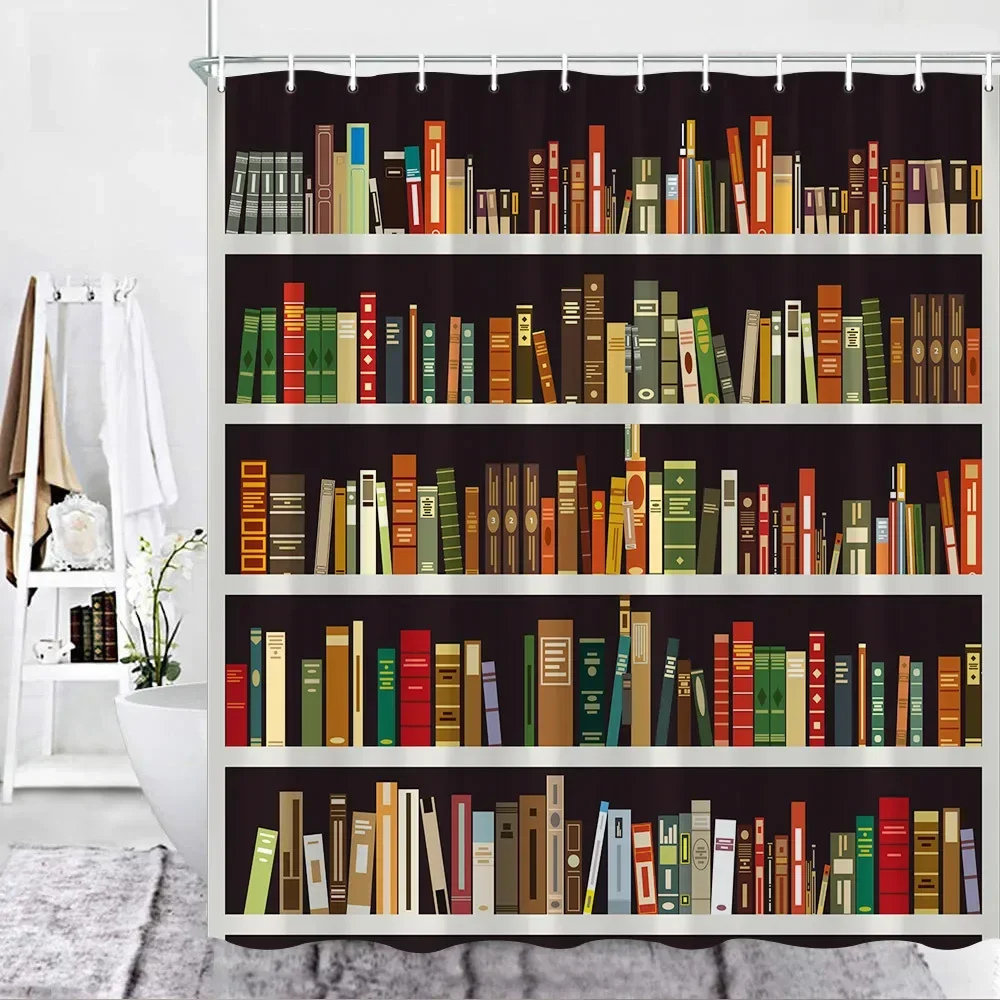 

Винтажная книжная полка, занавеска для душа, библиотека, обучение, классика, художественный учебный книжный шкаф, Античный Декор для ванной комнаты, занавеска-Крючок для ванной