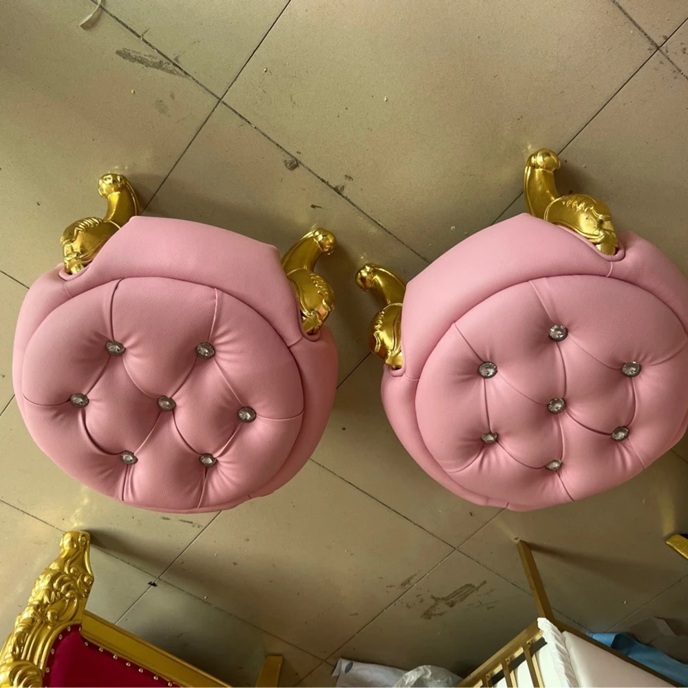 Indoor Home Luxury Leather Crystal Buttons Small Round Ottoman Foot Stool with wooden Base