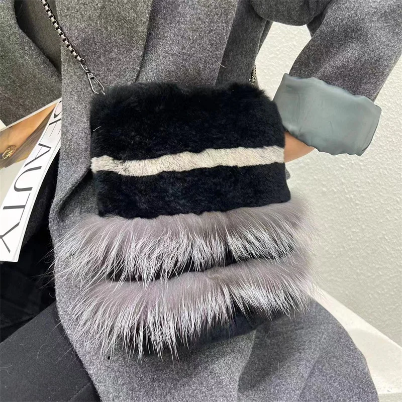 Winter Fashion Plush Tote Bag Rex Rabbit Fur Large Capacity Tote Bag Women's High Quality Plush Chain Crossbody Bag