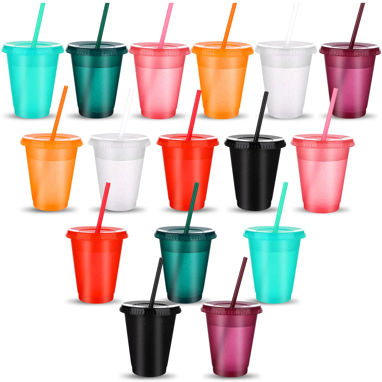 Glitter Plastic Cups with Straws and Lid,5 Packs 24 oz. Colorful Glitter  Reusable Cups ,Elegant Plastic Party Cups Wedding Decorations,Summer Coffee