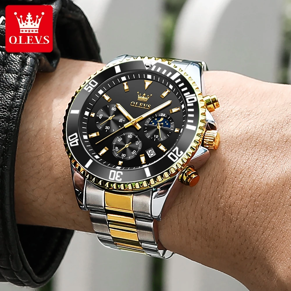 OLEVS Luxury Chronograph Quartz  Watch for Men Stainless Steel Sports Waterproof Wristwatches  Date Luminous Hands Mens Watches