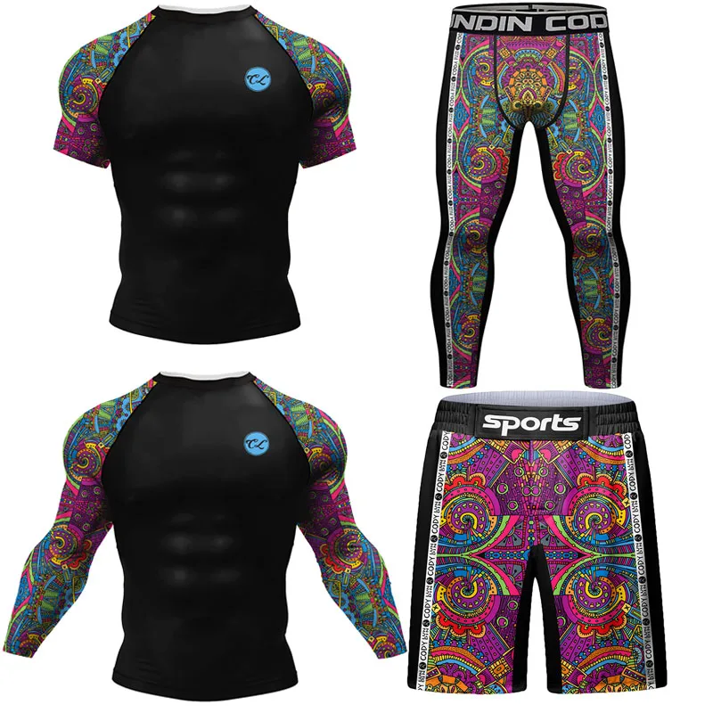 MMA Rashguard Jiu Jitsu Bjj T-Shirt +Pant Men MMA Compression Shirts Gym Running Sports Rash Guard Boxing Jersey Men Sportwear