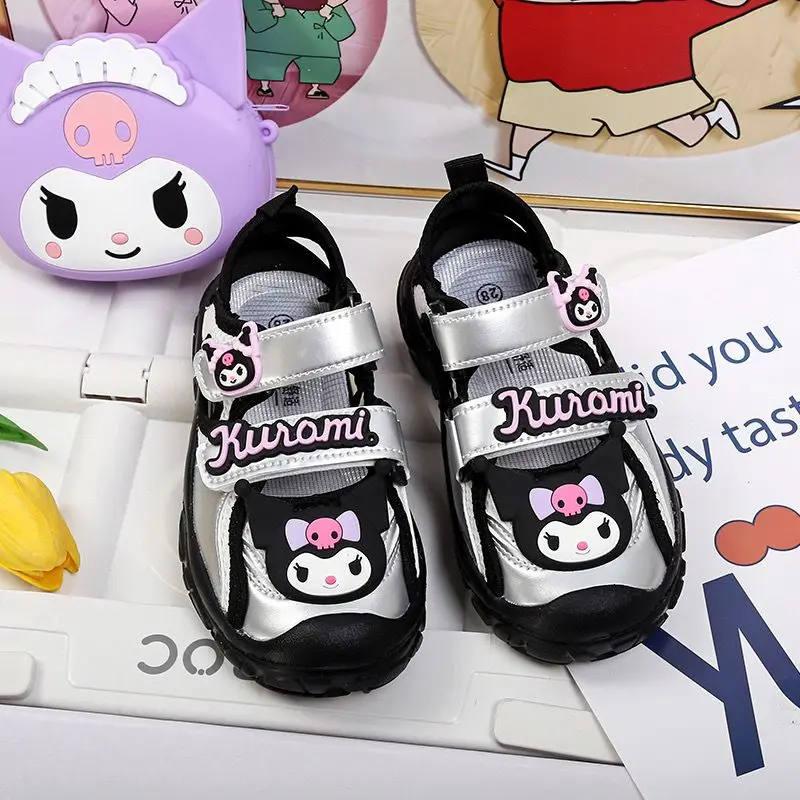

2024 Sanrio Kuromi Kids Princess Black Sandals Kawaii Anime My Melody Girls Sports Baotou Soft Bottom Shoes Summer Gift for Girl