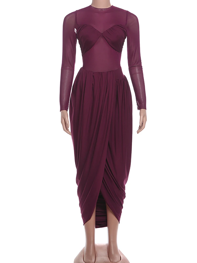 Nibber Splits Hem Dress Woman Mesh Patchwork o-Neck Full Sleeve Irregular Ruched Midnight Prom Party Elegant Skinny Vestidos