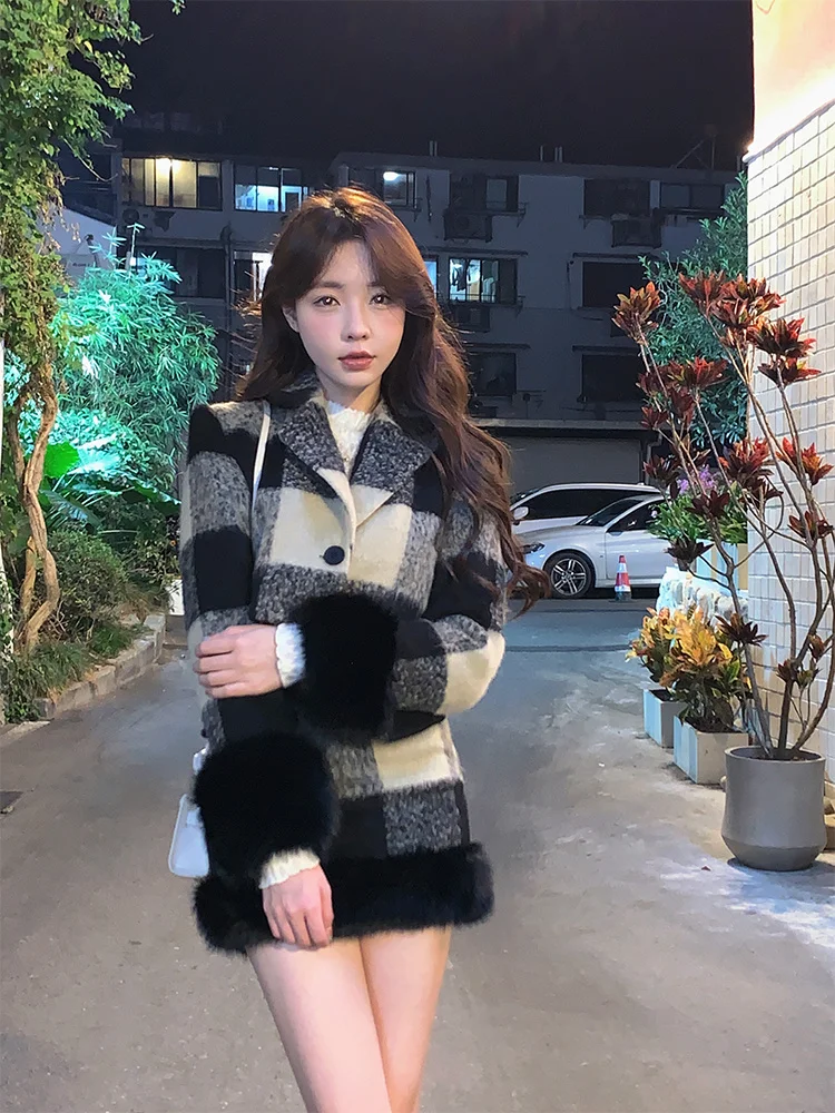 Spring Short Skirt Set Plaid Suit Set Women Casual Y2K Cropped Top Mini Skirt Office Ladies Two Piece Korean Fashion Clothing