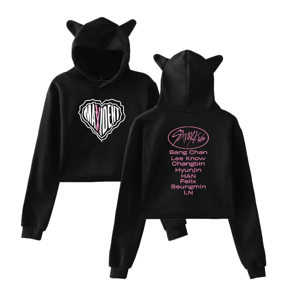 

2022 Stray Kids Crop Top Hoodie SKZ MAXIDENT Cat Ear Sweatshirt Women Heart Version Limited for Stay