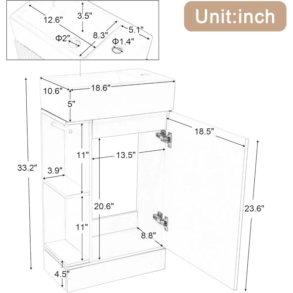 18.6" Small Single Bathroom Vanity with Sink, Freestanding Bathroom Vanity ,Wood Bathroom Cabinet with Ceramic Sink, White 2
