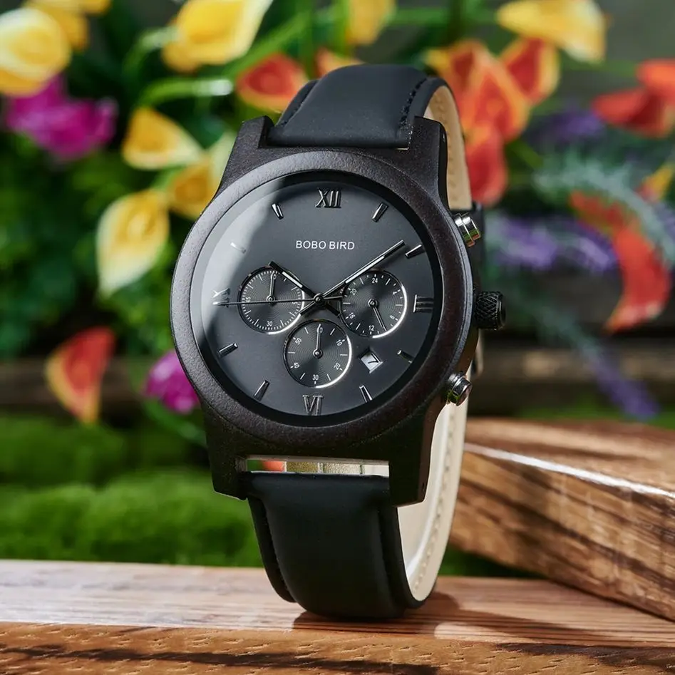 BOBO BIRD Men's Wood Watch Leather Strap Quartz Wirstwatches Chronograph With Date Display relogio masculino Dropshipping