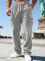 Pantalon de travail homme en velours côtelé, coupe large, multi-poches, avec taille élastique et cordon de serrage pour un ajustement décontracté, style streetwear sport. 2