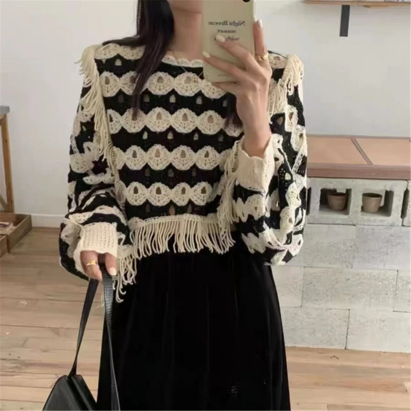 

Женский полый вязаный крючком полосатый свитер с кисточками и отделкой Свободная блузка Рубашка P8DB