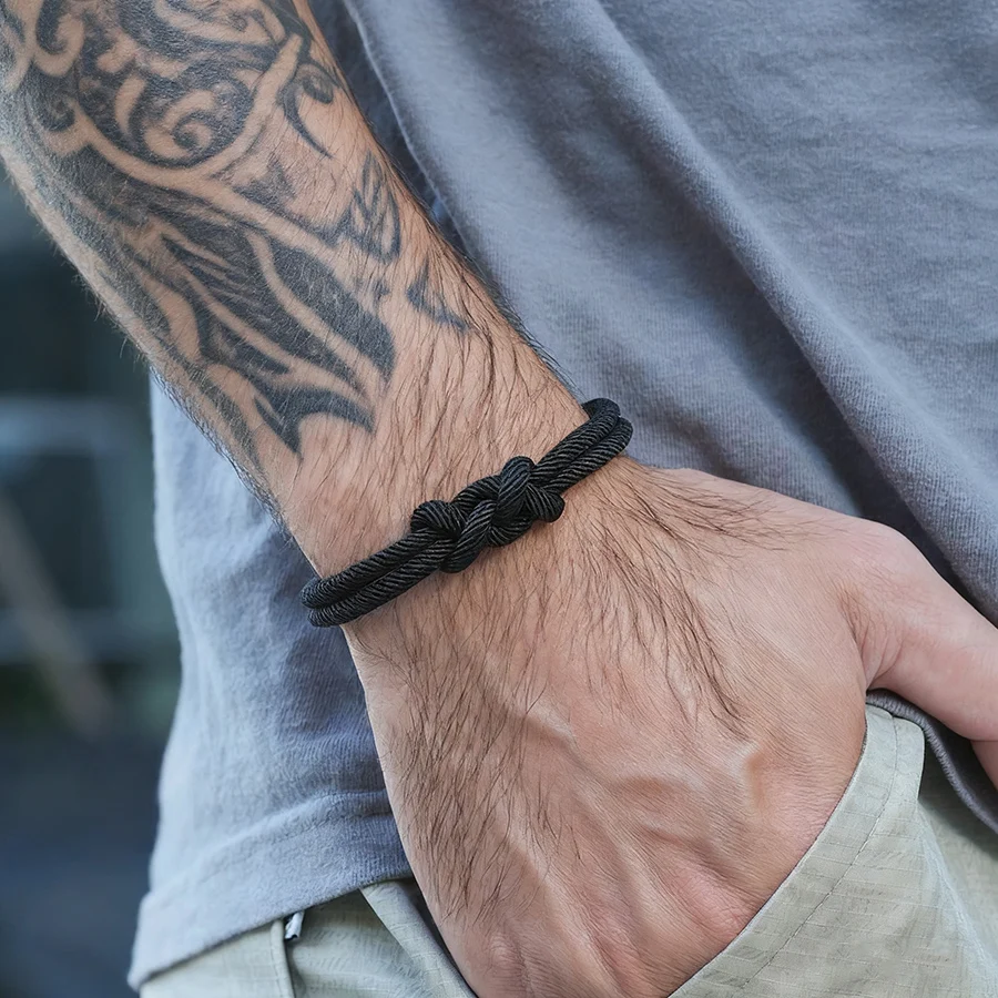 Noter Neues modisches Herrenarmband mit geflochtener 4 mm Schnur der Güteklasse, einzigartiger chinesischer Knoten, Glücksschnur-Kettenarmband, Pulseria Homme – Detail 4