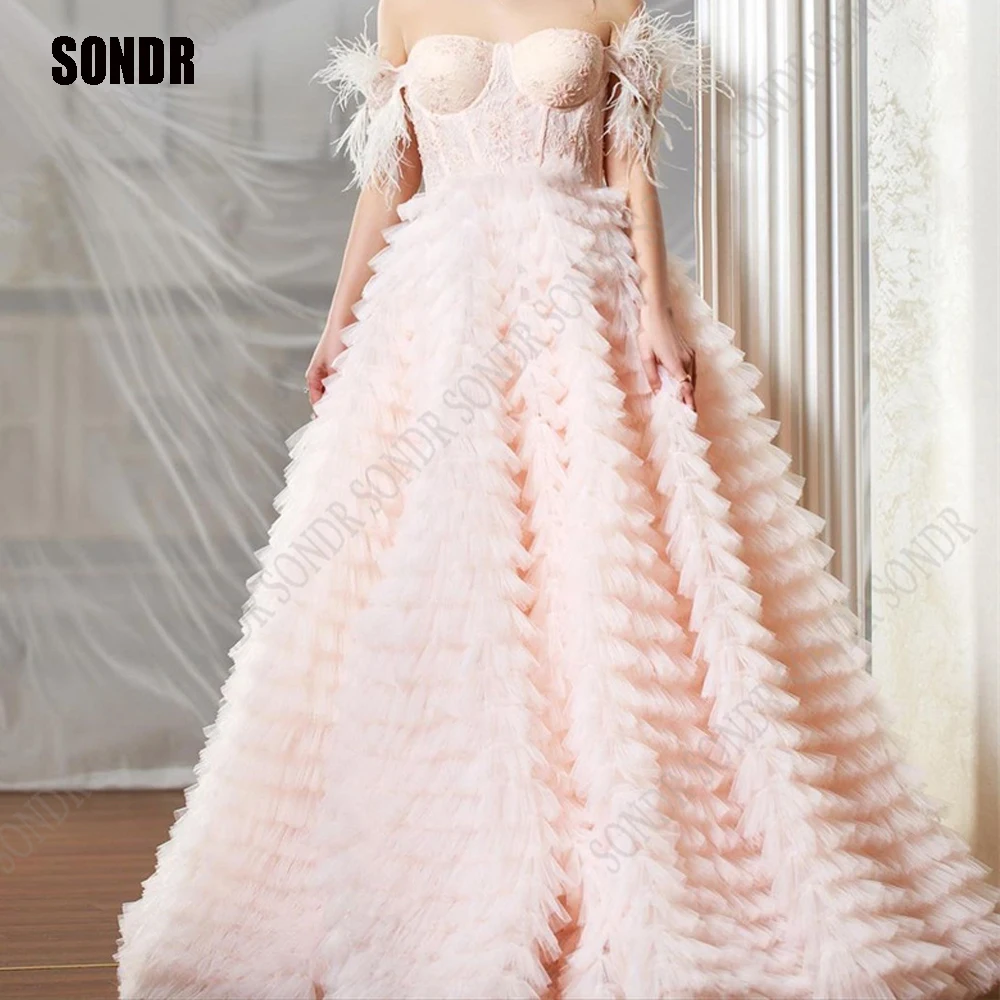 

SONDR Baby Pink Tulle Formal Prom Dresses Sweetheart Sleeveless A-Line Evening Dress Tiered Pageant Wedding Party Ball Gowns