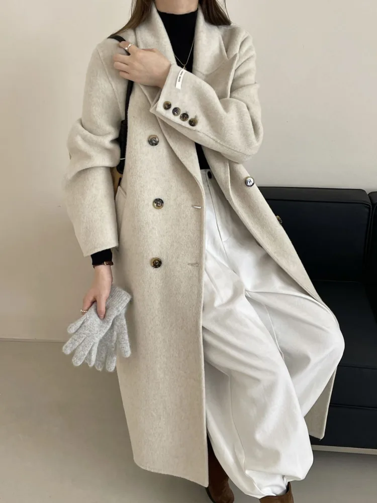 ZMEENNA Womens Elegant Wool Blend Long Coat With Double Breasted