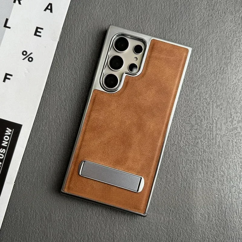 Ultra Business Plating Leather Case with Kick-Stand & Fold Stand Holder