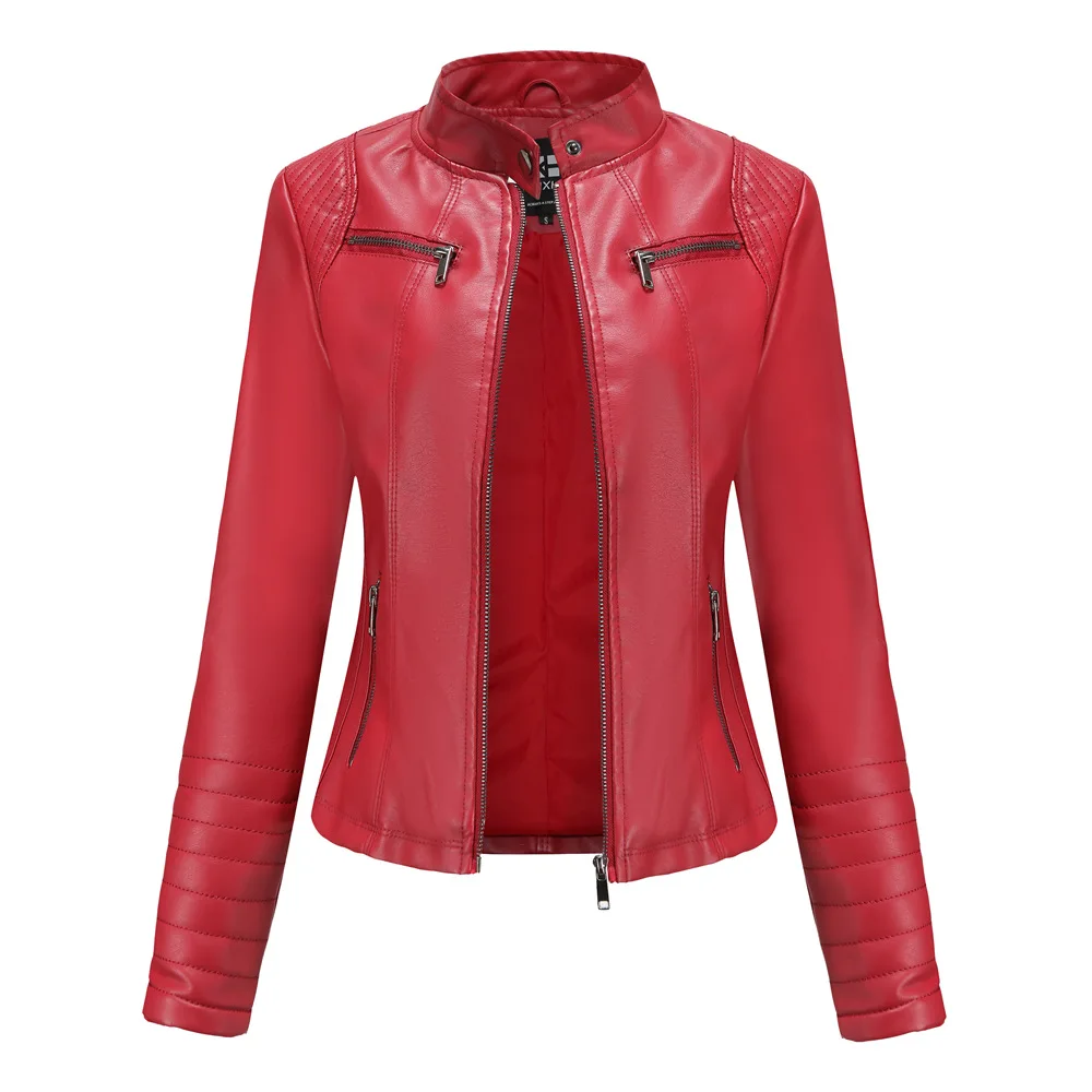 Faux Leather Women Coat Pu Coats Thin Jacket Full Sleeve Stand Collar Slim Fit Solid Sexy Regular Jackets Zipper Casual Splice