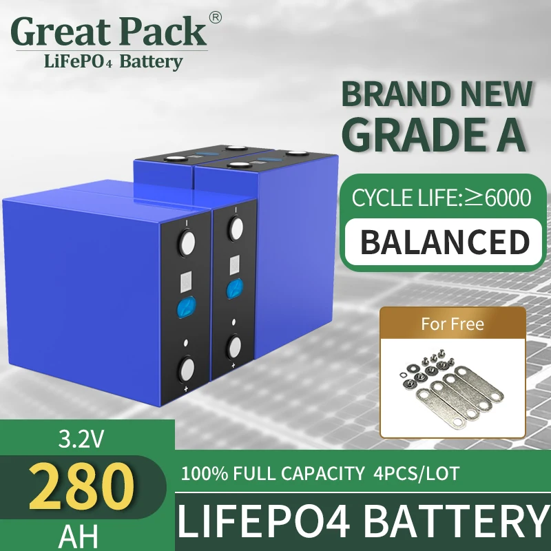 

Rechargeable 4PCS 3.2V 280Ah Deep Cycle Brand New Grade A LiFePO4 Battery Cell 100% Full Capacity Lithium Ion Energy Storage