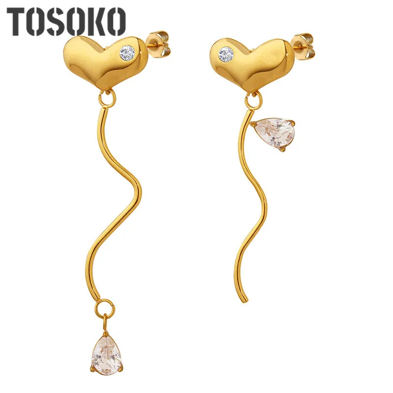 TOSOKO Stainless Steel Jewelry Asymmetrical Heart Earrings Inlaid With