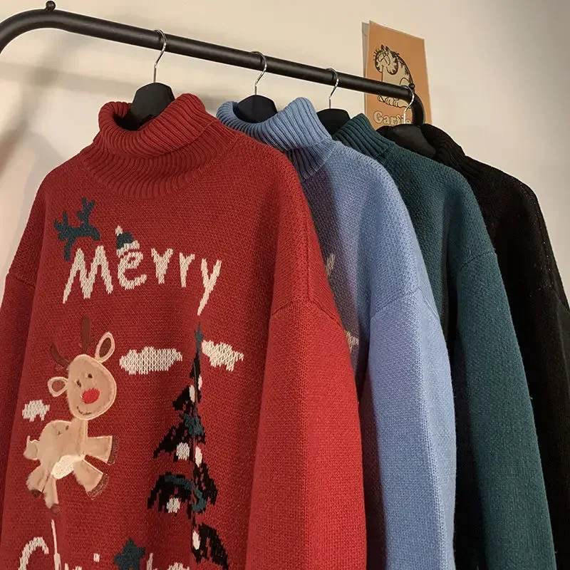 Christmas Elk Turtleneck Sweater Women\'s Winter Thickened Couple Outfit Trendy Lazy Style Versatile Sweater Ins Hot Sale